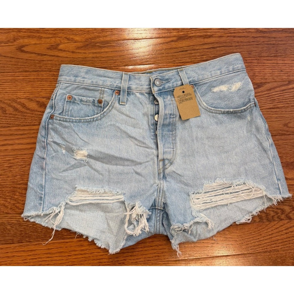 New Levi's 501 Denim Shorts Womens 29 Distressed Light Wash Blue Cowgirl Western